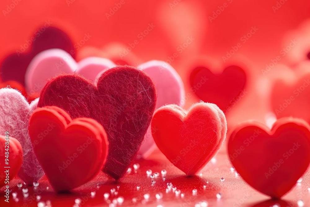 Red felt hearts on red background Red felt hearts on red background