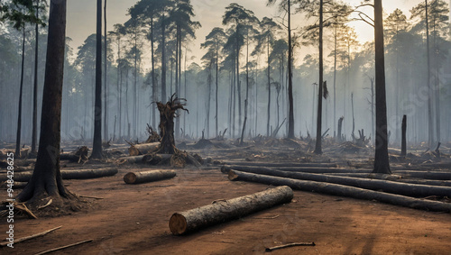 The area shows tree stumps scattered across the ground, surrounded by tall palm trees. Smoke lingers in the air, indicating recent deforestation activity under a cloudy sky.