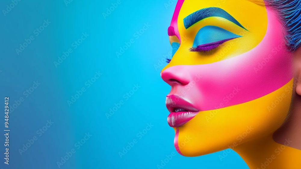 A woman with colorful makeup on her face. The colors are pink, yellow, and blue A woman with colorful makeup on her face. The colors are pink, yellow, and blue