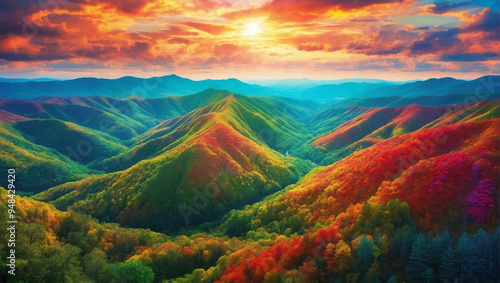 The scene showcases a serene forest filled with vibrant autumn colors, as trees display a stunning mix of reds, yellows, and oranges