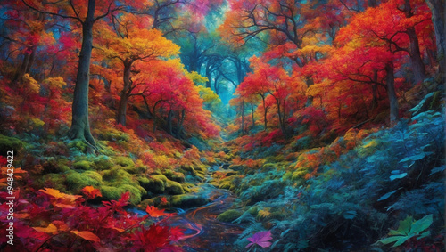 The scene showcases a serene forest filled with vibrant autumn colors, as trees display a stunning mix of reds, yellows, and oranges