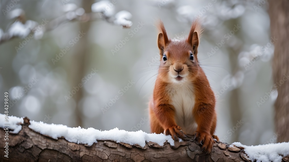 Red squirrel peering at a camera while perched on a tree limb in a winter forest Red squirrel peering at a camera while perched on a tree limb in a winter forest