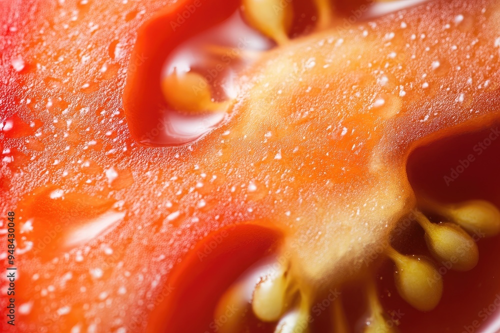 Close-up of a fresh, juicy tomato slice with water droplets, showcasing its vibrant texture and rich color. Close-up of a fresh, juicy tomato slice with water droplets, showcasing its vibrant texture and rich color.
