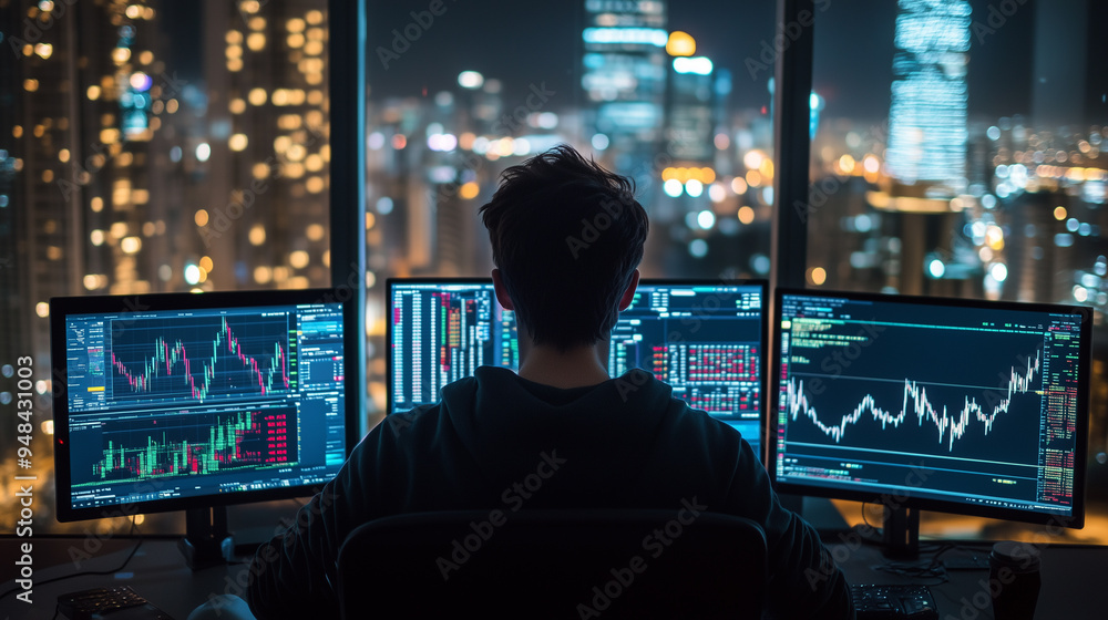 Young man analyzes stock market trends at a desk with three monitors and a city skyline view Young man analyzes stock market trends at a desk with three monitors and a city skyline view