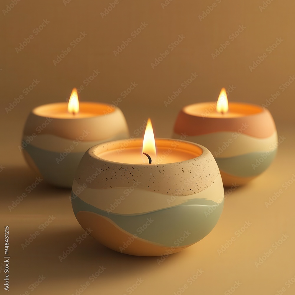 Three beautifully crafted candles in ceramic holders with abstract designs, creating a warm and cozy atmosphere. Three beautifully crafted candles in ceramic holders with abstract designs, creating a warm and cozy atmosphere.