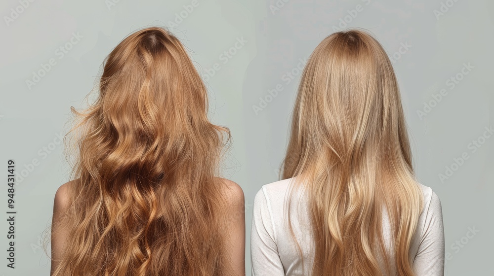 Naklejka premium Split Screen Comparison Showing Hair Before and After a Molecular Hair Regimen Treatment