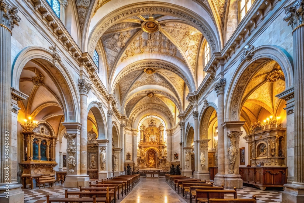 Fototapeta premium Elegant Renaissance-style interior of Baeza Cathedral in Andalusia, Spain, featuring ornate arches, intricate stone carvings, and historic constructions characteristic of the era.