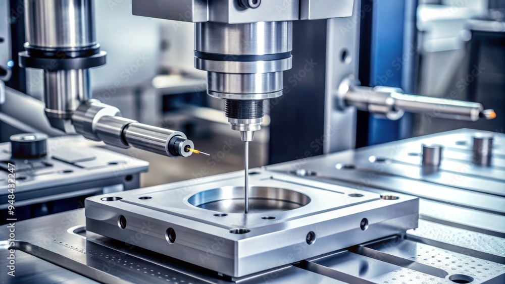 High-precision Coordinate Measuring Machine (CMM) arm moving slowly over a metallic workpiece, measuring dimensions and geometry with high accuracy in a modern industrial setting. High-precision Coordinate Measuring Machine (CMM) arm moving slowly over a metallic workpiece, measuring dimensions and geometry with high accuracy in a modern industrial setting.