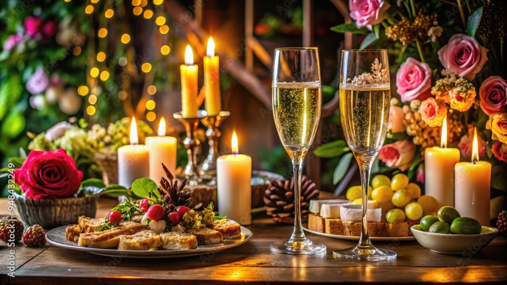 Elegant table setting with two champagne flutes, filled with bubbly drinks, surrounded by candles, flowers, and gourmet appetizers, perfect for a celebratory toast. Elegant table setting with two champagne flutes, filled with bubbly drinks, surrounded by candles, flowers, and gourmet appetizers, perfect for a celebratory toast.