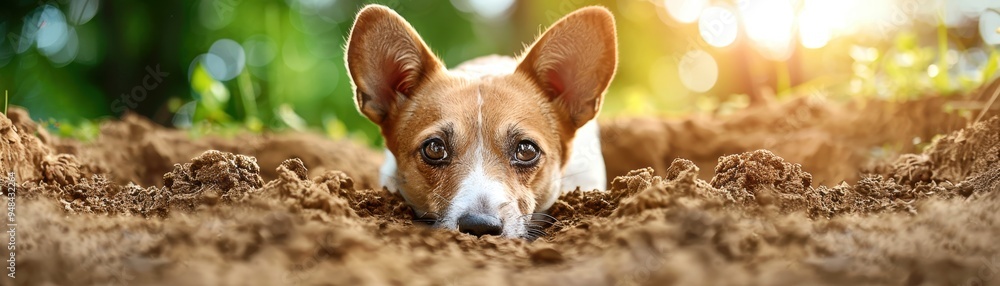 Adorable dog peeking from a hole in the ground surrounded by dirt and greenery, enjoying the summer sunshine. Adorable dog peeking from a hole in the ground surrounded by dirt and greenery, enjoying the summer sunshine.
