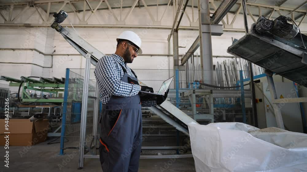 Indian engineer examining document using laptop at windows factory Indian engineer examining document using laptop at windows factory