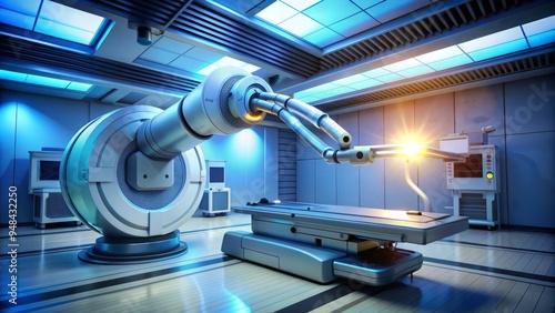 High-precision robotic arm positions advanced linear accelerator for non-invasive cancer treatment, emitting precise beams of radiation to target tumors with exacting accuracy. photo