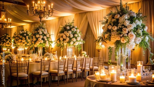 Elegant wedding reception with grand floral arrangements, soft candlelight, and luxurious draping, creating a romantic ambiance for a memorable celebration. photo