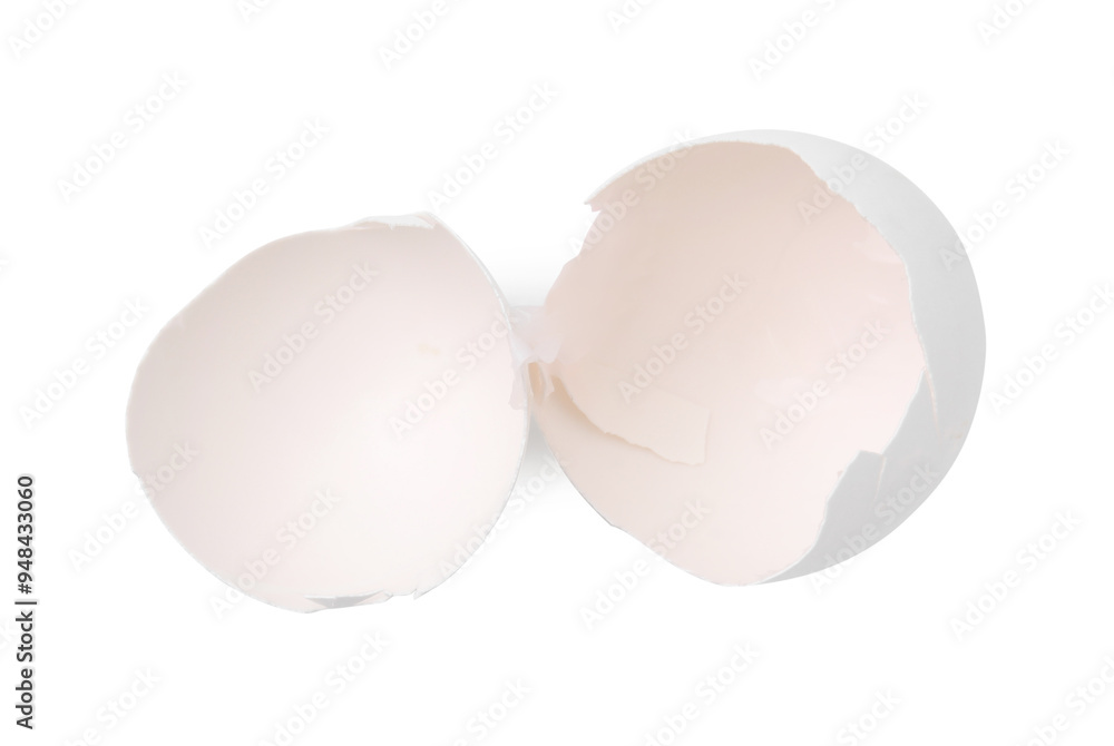 Pieces of broken eggshells isolated on white, top view