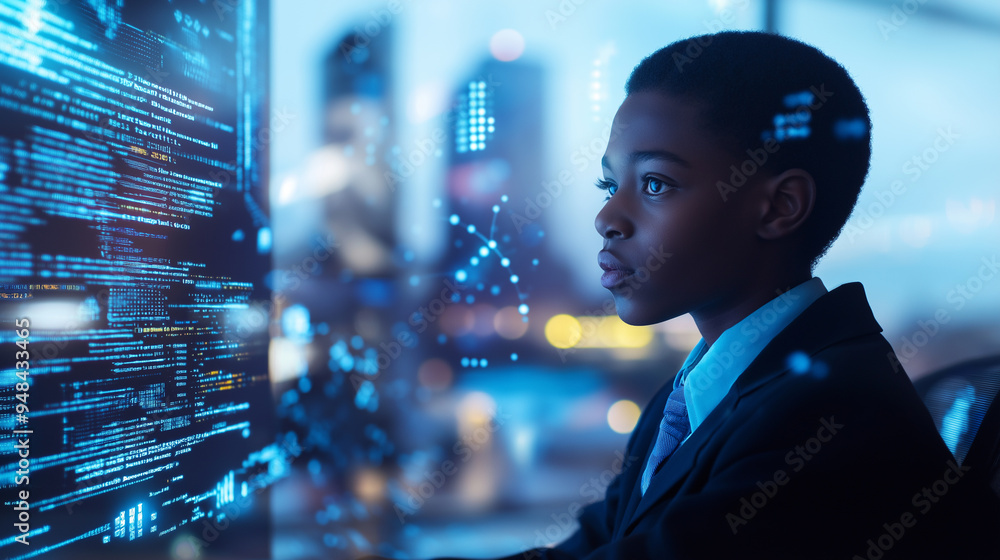 Young Black student engaged in digital learning at school with city skyline view Young Black student engaged in digital learning at school with city skyline view