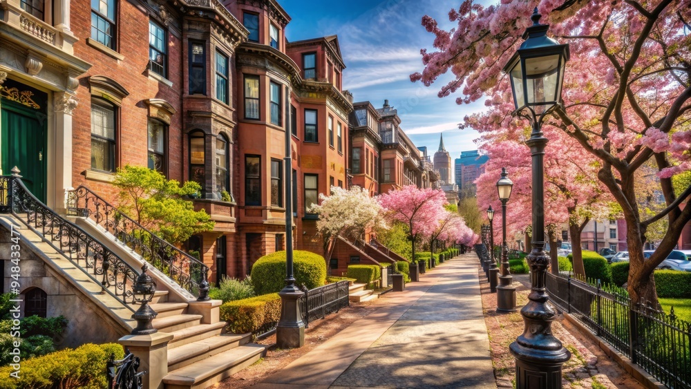 Fototapeta premium Historic brownstones line charming Beacon Street in urban Boston, punctuated by ornate lamps, blooming flowers, and stately trees under a sunny blue sky.