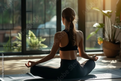 Tranquil young asian female in sportswear with closed eyes and namaste hands meditating while practicing yoga in light living room at home : Generative AI