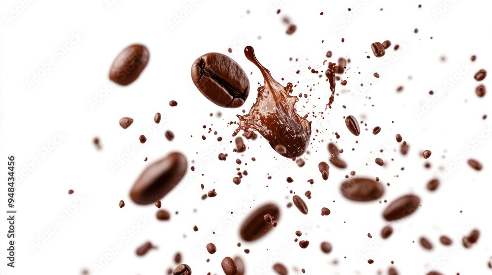 Roasted coffee beans suspended in the air with a splash of brewed coffee, capturing the dynamic motion typically associated with energetic freshness. Roasted coffee beans suspended in the air with a splash of brewed coffee, capturing the dynamic motion typically associated with energetic freshness.