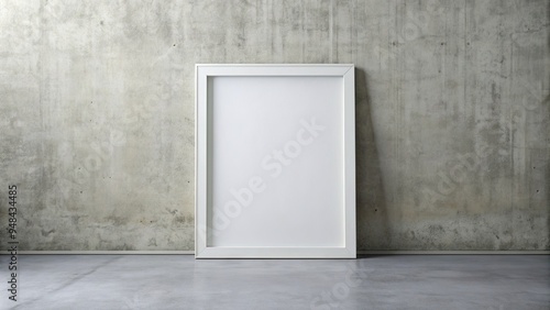 Empty white frame with removable mock-up space on a clean light gray concrete wall, perfect for displaying art, posters, or photographs in a modern setting.