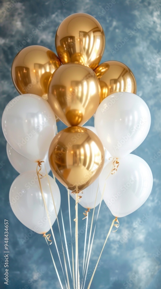 White and gold balloons against a blue sky create a festive scene. The colors contrast, evoking a cheerful mood as they float upwards. White and gold balloons against a blue sky create a festive scene. The colors contrast, evoking a cheerful mood as they float upwards.