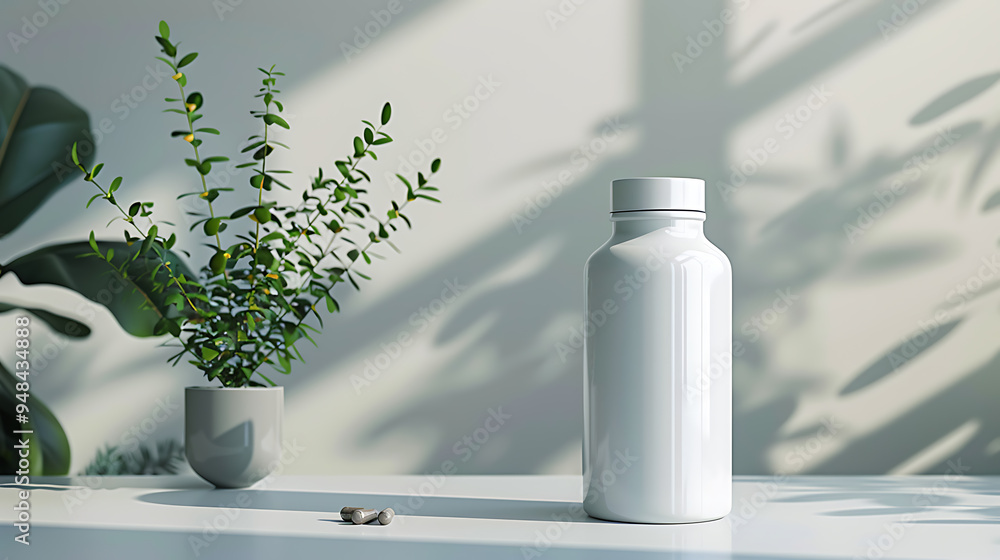 A white bottle of pills sits on a table with a few pills spilled out in front. A small potted plant sits behind the bottle. A white bottle of pills sits on a table with a few pills spilled out in front. A small potted plant sits behind the bottle.