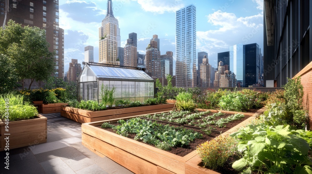 A rooftop garden oasis with raised vegetable beds, fresh herbs, and a small greenhouse, surrounded by city skyscrapers. A rooftop garden oasis with raised vegetable beds, fresh herbs, and a small greenhouse, surrounded by city skyscrapers.