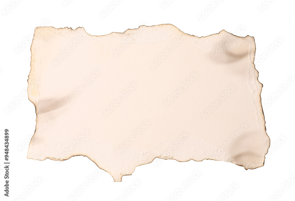 Piece of old paper with dark burnt borders isolated on white, top view Piece of old paper with dark burnt borders isolated on white, top view
