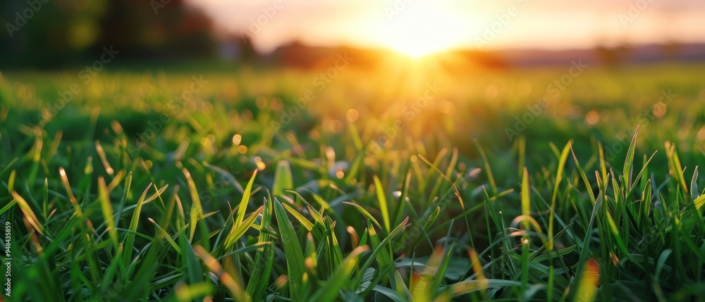 © COK House - Serene sunset scene: vast grassland with warm yellow-orange glow, lush green grass hints at vibrant growth. Text-free image.