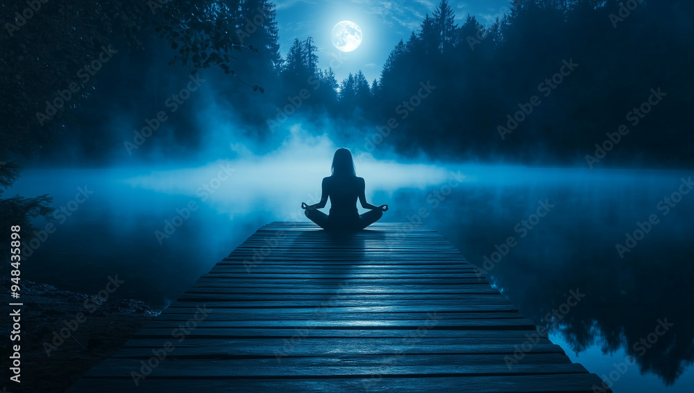 Fototapeta premium A woman meditates peacefully on a dock by a misty lake under a moonlit sky