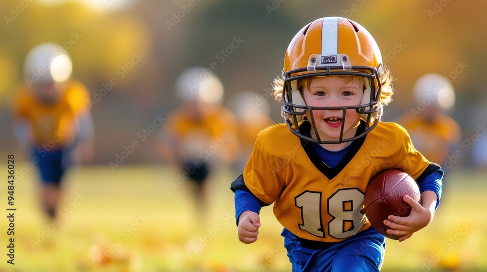 Fototapeta premium Joyful Little Football Player Running with Ball