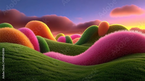 Vibrant Grass Hills, Colorful textured grassy mounds under a dramatic sunset, Surreal Landscape. photo