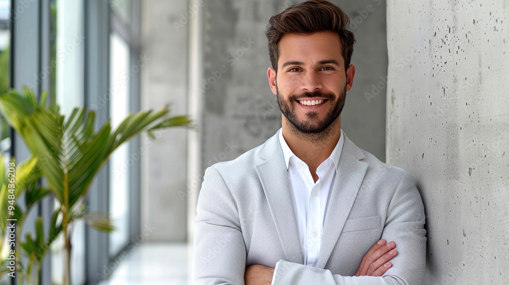 Confident businessman in a modern office space, smiling and standing with arms crossed, exemplifying professionalism and success. Confident businessman in a modern office space, smiling and standing with arms crossed, exemplifying professionalism and success.