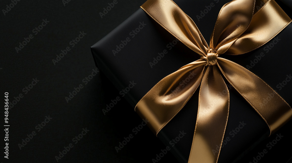 Elegant black gift box adorned with a luxurious gold ribbon on a sleek surface Elegant black gift box adorned with a luxurious gold ribbon on a sleek surface