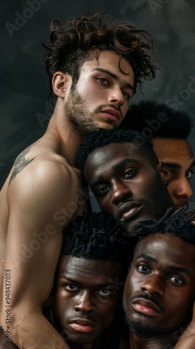 Diverse group of five male models stand close in a studio, showcasing unity and strength. White man with tattoos, four black men with a beard, shirtless.