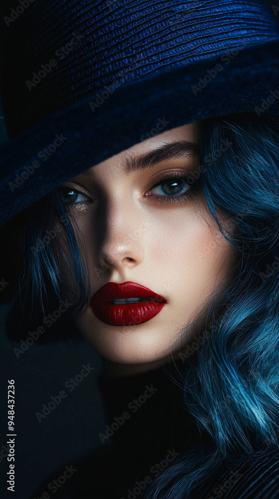 A woman with blue hair and red lipstick is wearing a blue hat. The hat is positioned to cover her face, making her look mysterious and alluring. Concept of elegance and confidence A woman with blue hair and red lipstick is wearing a blue hat. The hat is positioned to cover her face, making her look mysterious and alluring. Concept of elegance and confidence