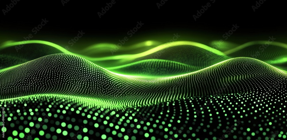 Abstract, glowing green dots wave on a black background Abstract, glowing green dots wave on a black background