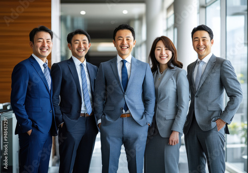 apanese business people, smiling and standing in front of the camera photo