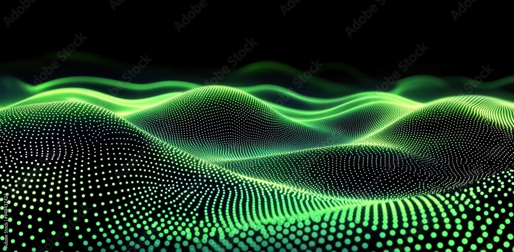 Abstract, glowing green dots wave on a black background Abstract, glowing green dots wave on a black background