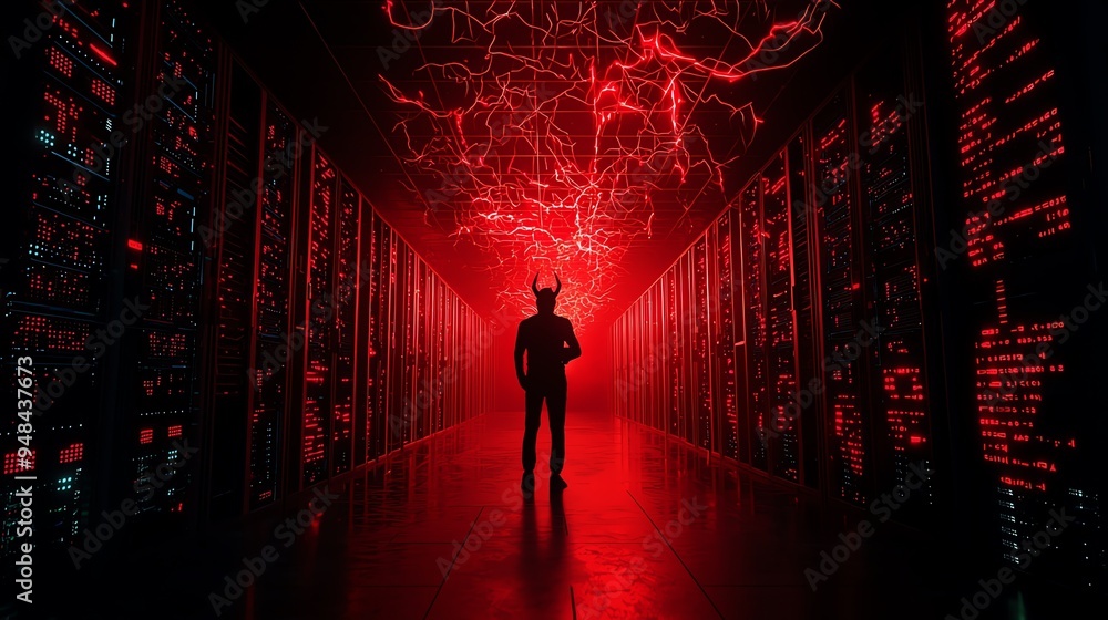 A masked figure stands in a mysterious, red-lit server room, surrounded by towering racks of glowing equipment, with electric patterns above. A masked figure stands in a mysterious, red-lit server room, surrounded by towering racks of glowing equipment, with electric patterns above.