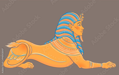 Sphinx, Egyptian mythical creature with head of human, body of lion and wings. Hand-drawn vintage vector outline illustration. Tattoo flash, t-shirt or poster design, postcard. Egypt history.