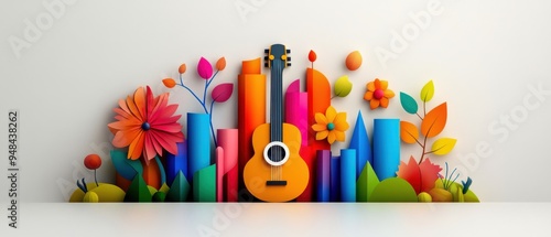 Colorful Guitar in Flower Garden