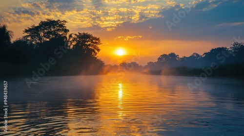 Tranquil Hazy Sunset Painting a Golden Glow on a Calm River in Humid Weather