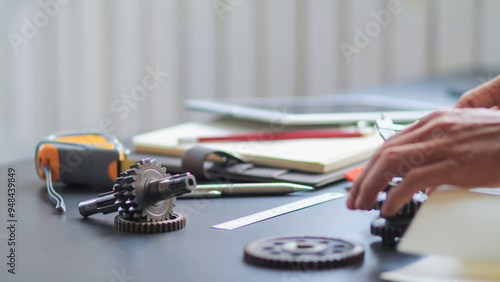 The gear set is placed on the workbench of a team of factory mechanical engineers to study and design the working system of the mechanical gearbox in the factory to complete the production.