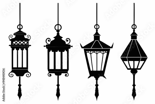 Vintage hanging light vector, Arabic lamp, lanterns silhouette illustration