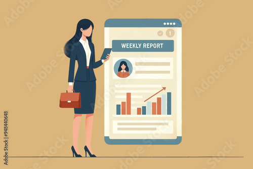 Illustration of a career woman sending a weekly report via cell phone from the office