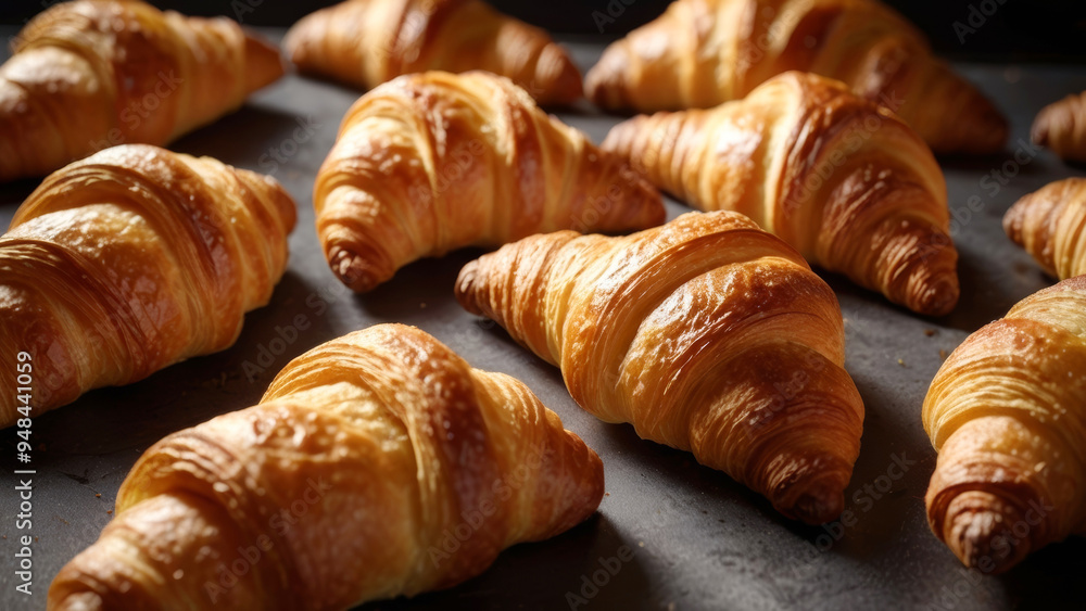Delicious golden freshly baked croissants on a baking sheet, hot from the oven Delicious golden freshly baked croissants on a baking sheet, hot from the oven