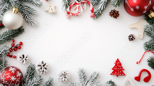 Christmas background. Fir tree branches, red and white decorations on white background. Flat lay, top view, copy space