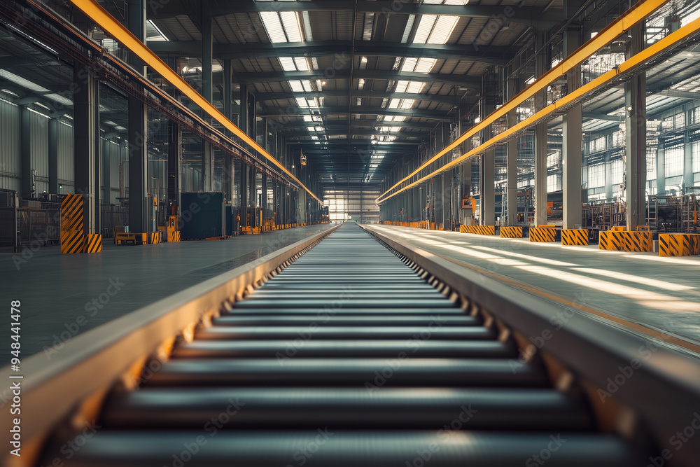 Automation in action: Empty production line with rotating rollers in an industrial hangar Automation in action: Empty production line with rotating rollers in an industrial hangar