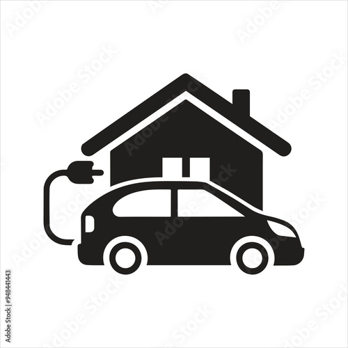 Electric car. Electric vehicle recharging. Charging an electric car at home. EV charger icon