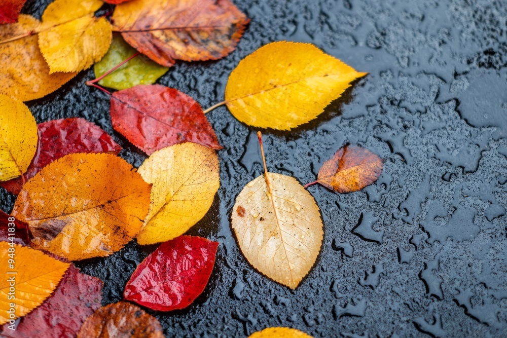 Vibrant autumn leaves with raindrops on a wet surface, highlighting fall's natural beauty. Vibrant autumn leaves with raindrops on a wet surface, highlighting fall's natural beauty.